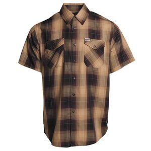 NWT Dixxon Flannel Alpha Tan & Brown Plaid Short Sleeve Bamboo Snap Shirt